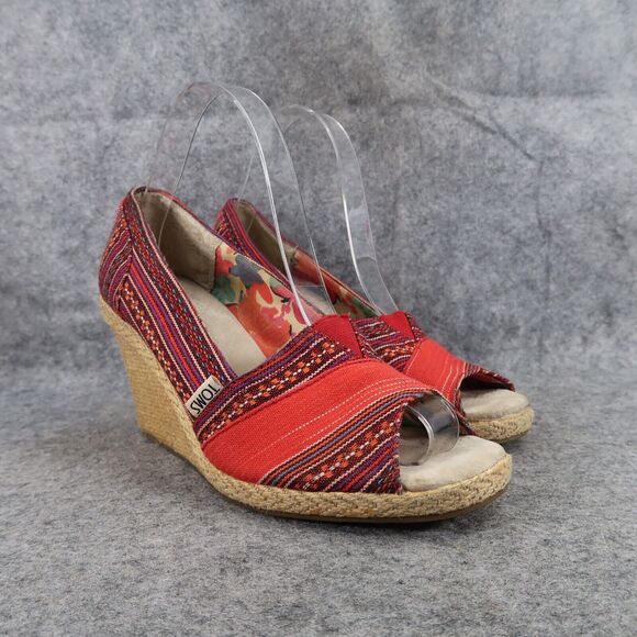 Toms Shoes Womens 8 Wedge Sandal Casuall Fashion Calypso Espadrille Red Peep Toe - Picture 1 of 14